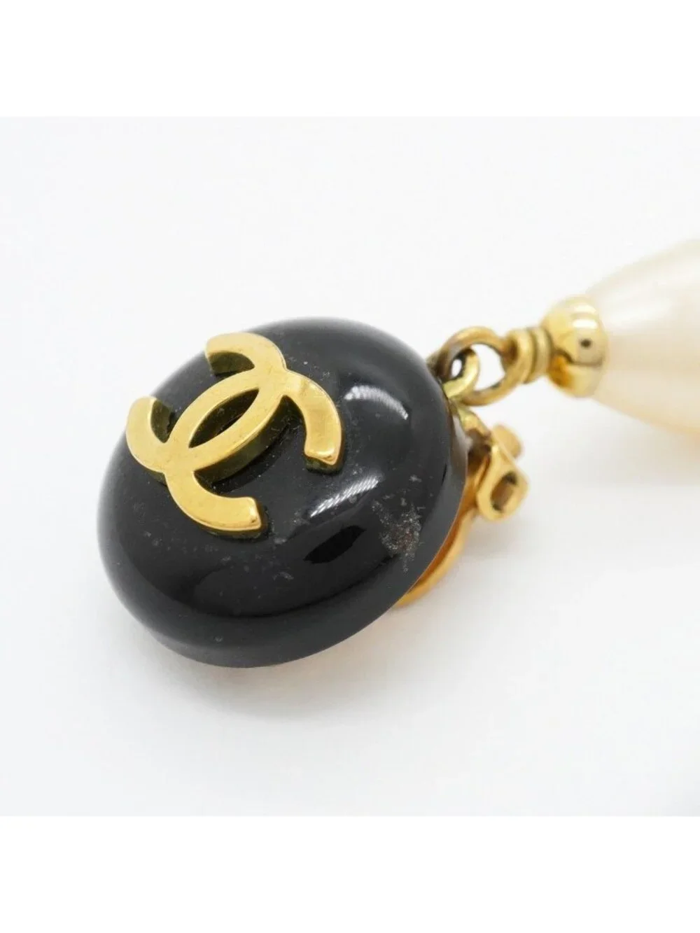 Chanel Earrings Vintage CC Logo Gold Plated Faux Pearl Blackcles